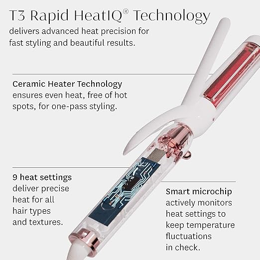 T3 Switch Kit Professional Ionic Interchangeable Curling Iron with 3 Ceramic Clip &amp Wand Long Barrels for Curling and Waving 9 Adjustable Heat Settings &amp Ion Generator White/Rose Gold