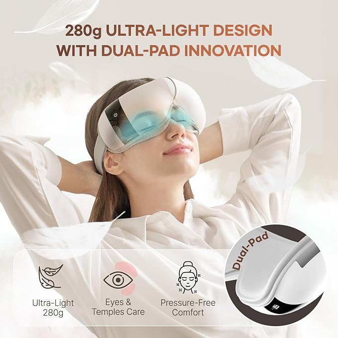 HubiCare Ultra Quiet with Double Pad Eye Massager under 30dB Heat &amp Cooling for Enhanced Comfort Airbag and Bluetooth Music for Dark Circles Dryness Relieve Strain and Migraine Relief Relaxati
