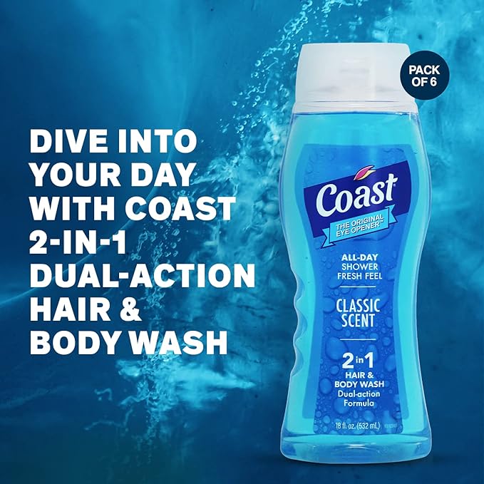 Coast 2-in-1 Hair and Body Wash Classic Scent - Men's Body Wash Shampoo &amp Conditioner - 6 Pack x 18 Fl Oz - Moisturizing &amp Refreshing Rich Lather for Energized And Clean Skin