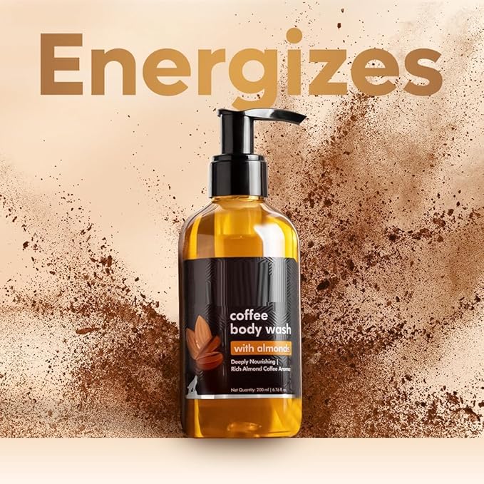 Coffee Body Wash with Almonds | De-Tan &amp Deep Cleansing Shower Gel | Enriched with Vitamin E &amp in Energizing Nutty Almond Aroma | Suitable for All Skin Types | For both Men &amp Women (200ml)