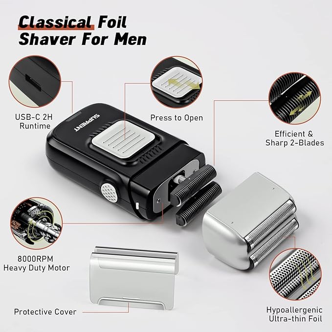 SUPRENT Foil Shaver for Men- Electric Rechargeable Balding Head Shaver- Beard Trimmer with 2 Replacement Shaver Head- Rechargeable Electric Razor Barber Supplies- Best Gifts for Men