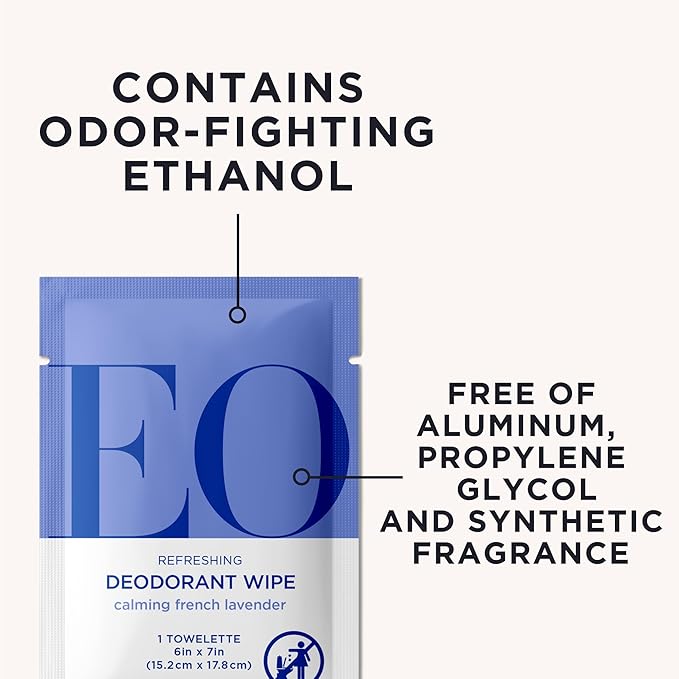 EO Deodorant Wipes Travel size 6 Individually Wrapped Wipes (Pack of 12) French Lavender made with Essential Oils for men and women