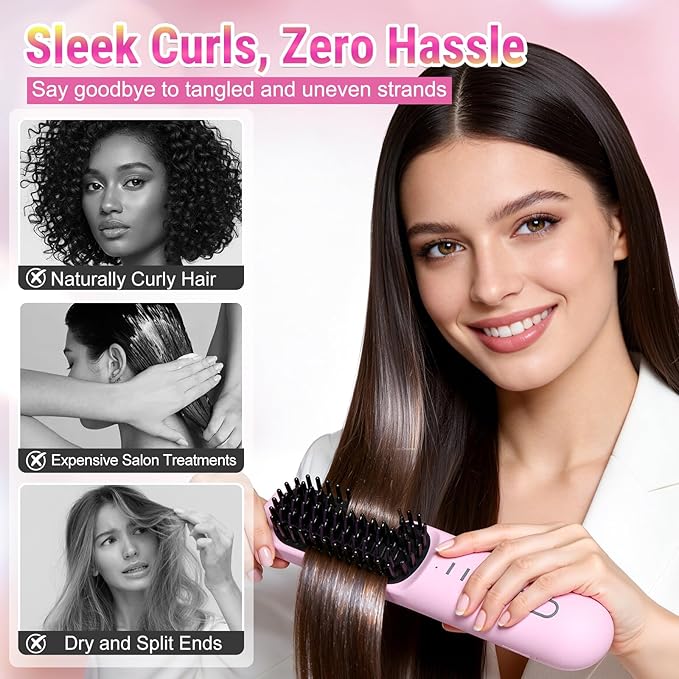 Go Brush Pro for Short HairCordless Hair Styling Brush 2-in-1 Smart Styler Fast HeatPortable Straightener Brushs for TravelFast Heating Cordless Mini Brushs(White)