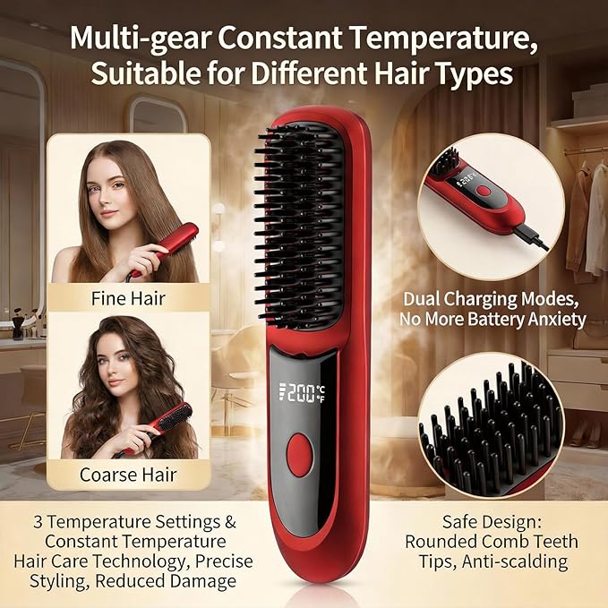 Go Brush Pro 2026 Upgraded Second-Generation 6400mAh Portable Cordless Straightening Comb with LCD Display Fast Heating Cordless 3-Level Temperature Settings USB Rechargeable Fast Heating