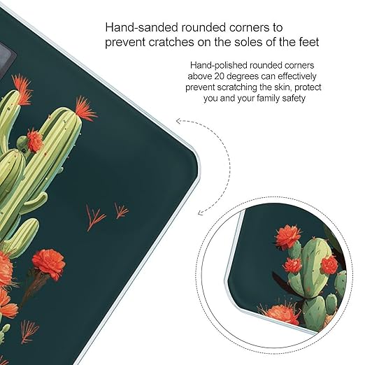 Cactus Art Scale for Body Weight Anti-Slip Tempered Glass Digital Bathroom Scales Clear LCD Display Weighing Scale Safe Rounded Corners Smart Scales