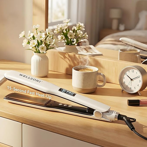 2 in 1 Hair Straightener - 15s Fast Heating Flat Iron 1.4 Wide Plate 37 Temp Settings 122-450°F Dual Voltage Curler for All Hair Types with Auto Shut-Off