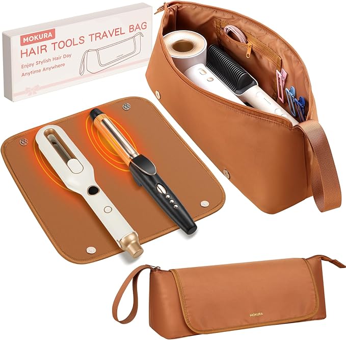 MOKURA Hot Hair Tools Travel Bag with Heat Resistant Mat Removable Hair Accessories Organizer Case Women Travel Essentials Storage Pouch for Curling Iron Straightener Flat Iron Hair Dryer Brown