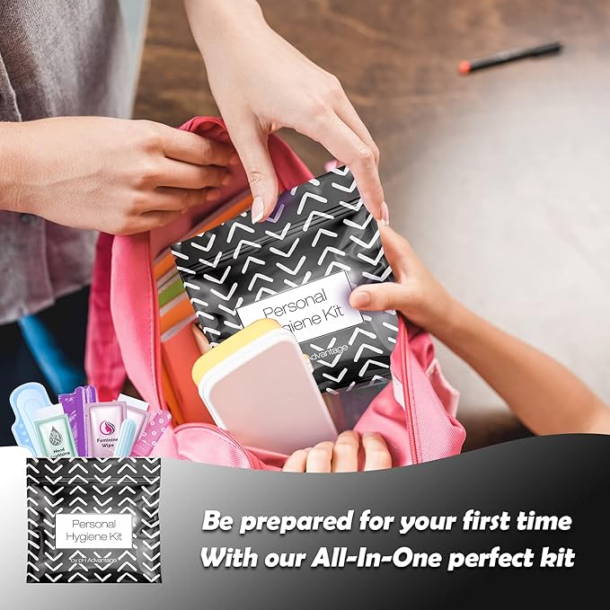 Menstrual Kit All-in-One 10 Pack | Convenience on The Go | Period Kit Pack for Travelling Tweens &amp Teenager | Individually Wrapped Feminine Hygiene Product (Black Treads)