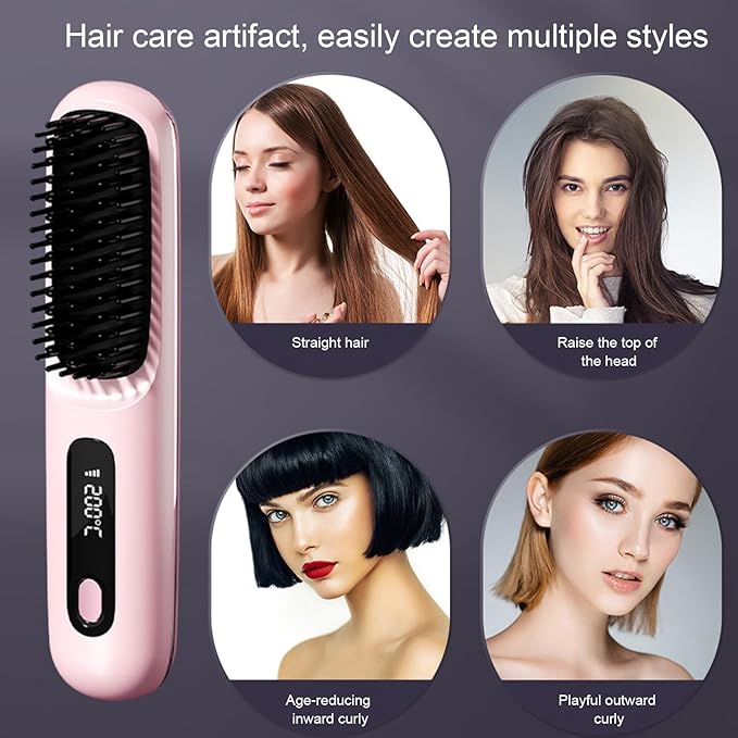 Heat Hair Straightener Brush Heat Brush for Hair Styling Rechargeable Cordless Digital Display Portable Straightening Brushs for Women for Women Long Short Straightening Curling Home Office Hotel