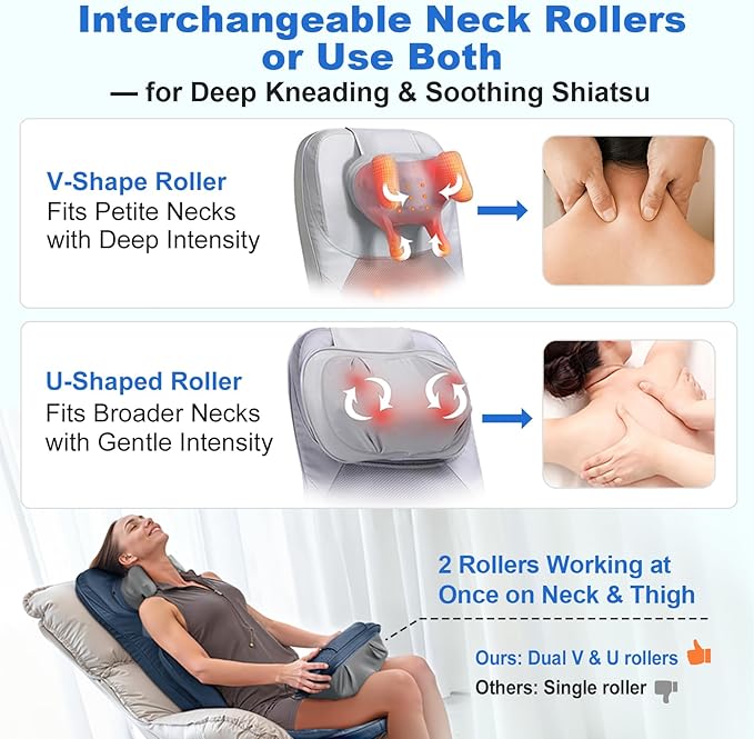 Shiatsu Massage Cushion for Neck and Back with Heat - 4D Kneading Vibration for Relief Muscle Tension Dual-Neck Design Adjustable Intensity and Height for Office Chair Home Use Navy Blue