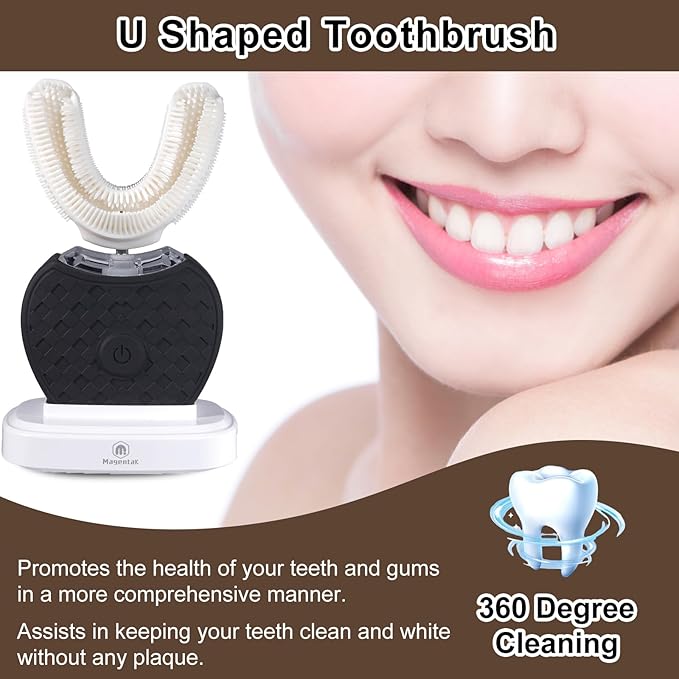 U-Shaped Ultrasonic Toothbrush for Teeth Whitening Automatic Electric Toothbrush for Adults 360-degree Cleaning Wireless Charging and IPX7 Waterproof Kit for Travel or Home(Black)