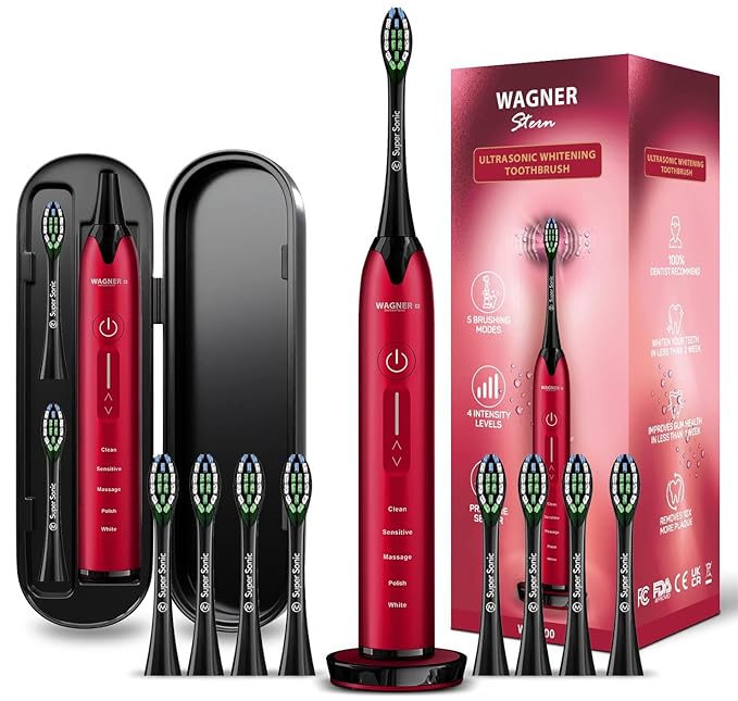 Wagner Stern Ultrasonic whitening Toothbrush with Pressure Sensor. 5 Brushing Modes and 4 Levels of Intensity 8 Soft bristles Travel case.