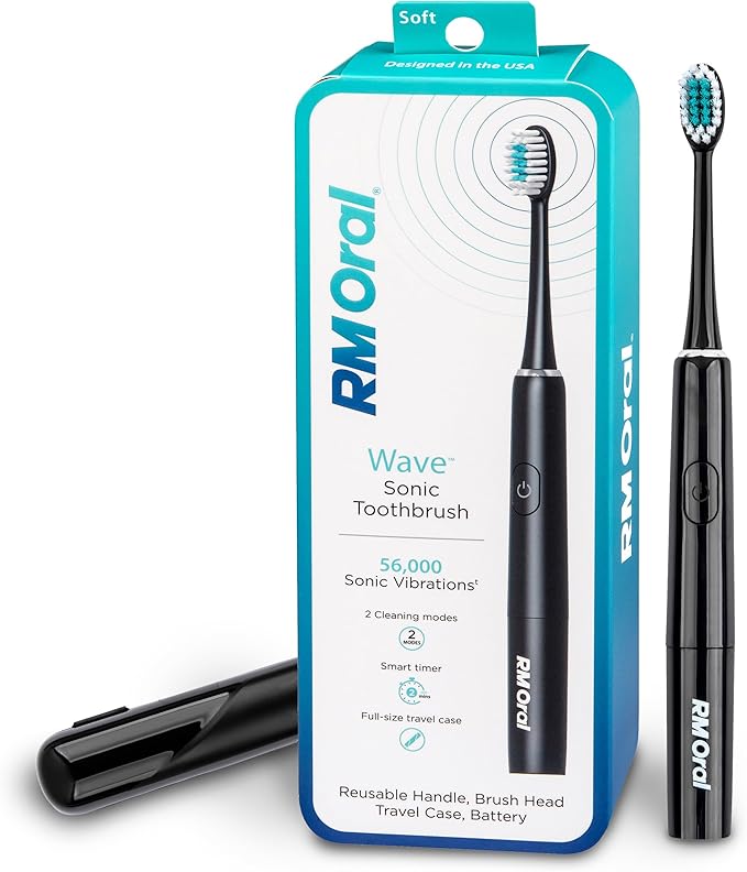 RM Oral Wave Sonic Battery-Operated Toothbrush with Soft Bristles &amp Travel Case 56000 Sonic Vibrations for Clean &amp Sensitive Whitening &amp Plaque Removal 2-Minute Timer Black