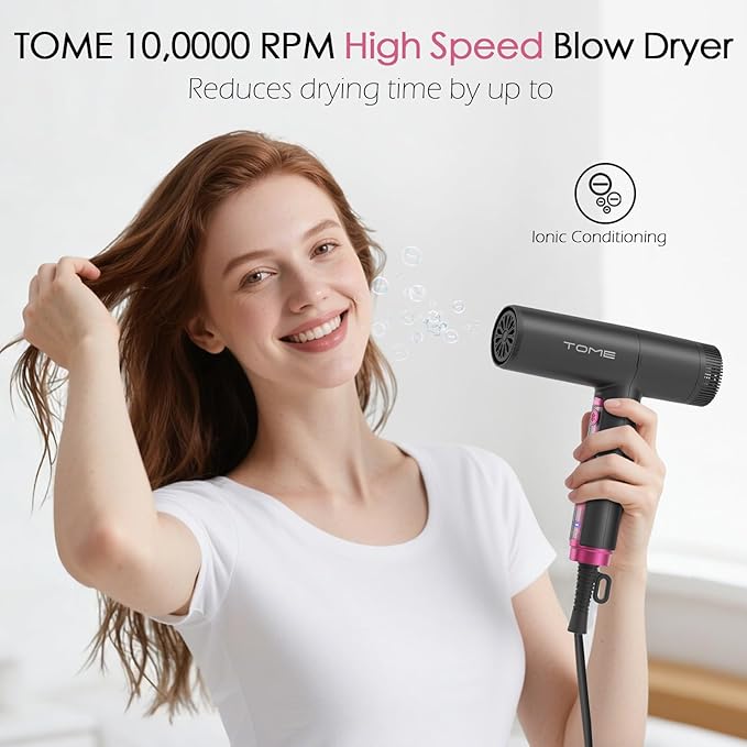 TOME Hair Dryer 1875W High-Speed EC Motor 110000 RPM Ionic Blow Dryer Fast Drying Cool Shot Lock 3 Heat 2 Speed 4 Attachments (Styling Nozzle Diffuser 2 Air-Powered Wrap Wands) 125V Hot Pink