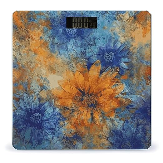 Blue and Orange Flowers Weight Scale Digital Electronic Scales Bathroom Scale Larg LCD Backlight Display High Precision MeasurementsTempered Glass
