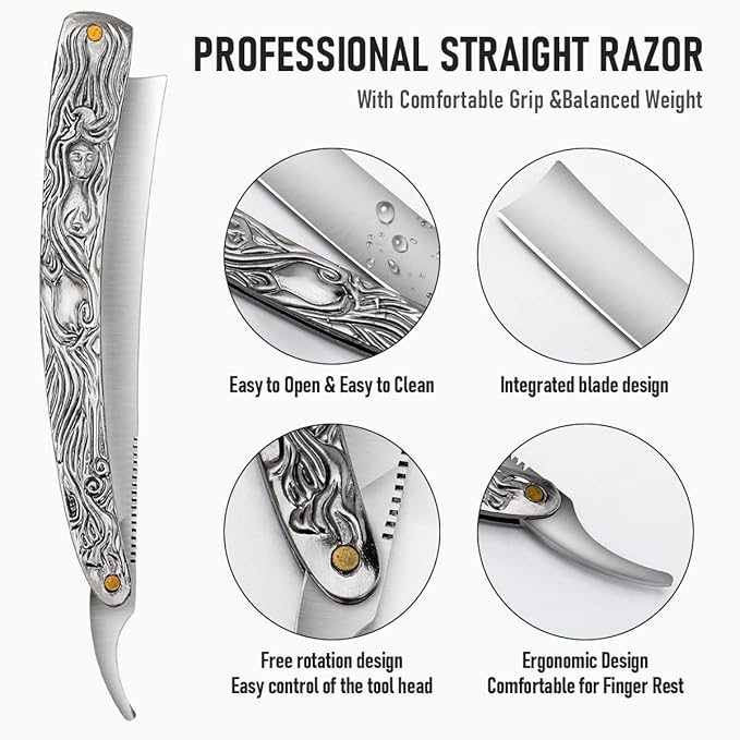 Professional Straight Razor with First Layer Cowhide Strop - Straight Edge Barber Razor Premium Stainless Steel Shaver Razor for Men Home &amp Salon Grooming Using