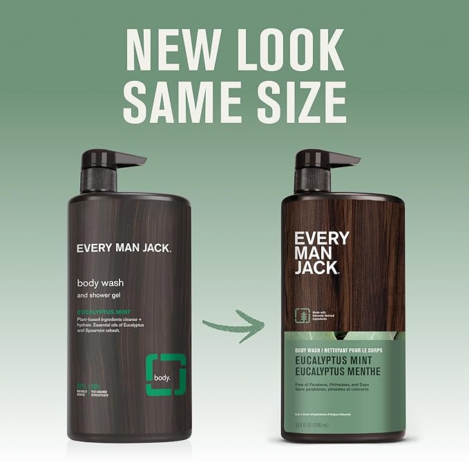 Every Man Jack Eucalyptus Mint Hydrating Mens Body Wash for All Skin Types - Cleanse Nourish and Hydrate Skin with Naturally Derived Ingredients - Paraben Free Phthalate Free Dye Free - 33.8oz