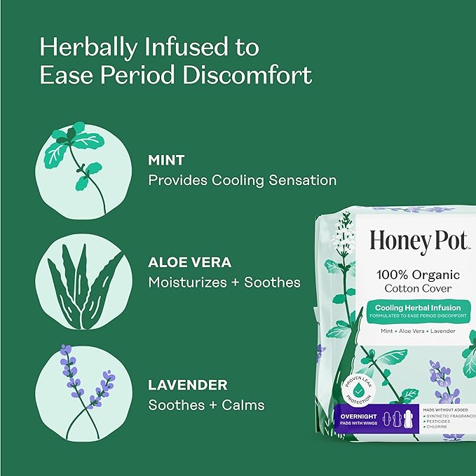 The Honey Pot Company - 48 ct - Herbal Pads for Women - Overnight w/Wings - Infused w/Essential Oils for Cooling Effect &amp Organic Cotton Cover - Feminine Care