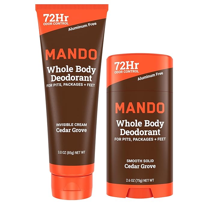 Mando Whole Body Deodorant - Invisible Cream Tube and Solid Stick - 72 Hour Odor Control - Aluminum Free Baking Soda Free Skin Safe - 3.0 Ounce Tube and 2.6 Ounce Solid Stick Bundle - Cedar Grove