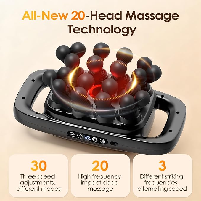 20-Head Massage Gun Set Deep Tissue Percussion Massager with 3 Modes &amp 30 Intensities Muscle Massager Pain Relief Portable Massage Gun for Back/Legs/Waists (Black 20-Head)