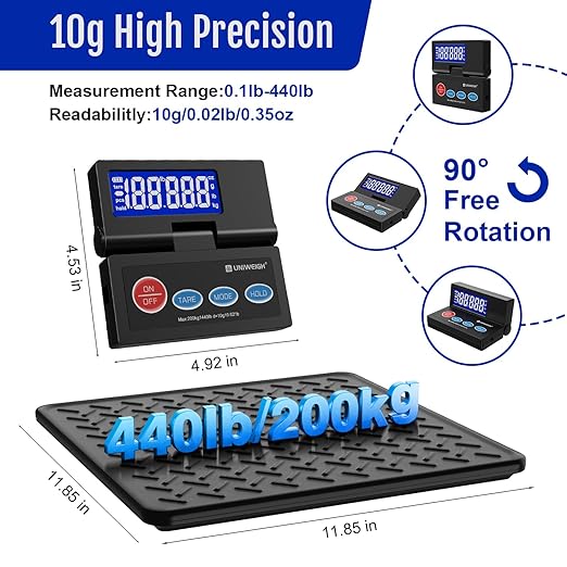 440lb Postal Scale10g Accuracy Digital Shipping Scale for Packages with Backlit LCDAlloy Steel PlatformUSB-A/Battery PowerTare/Hold/Auto-OffMail Scale for Small Business Postage Weighing