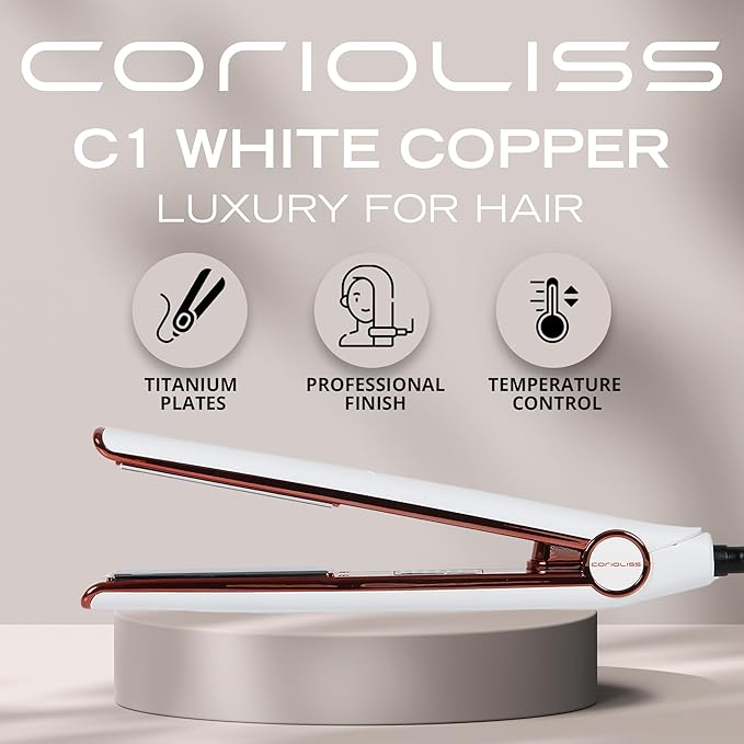 Corioliss C1 Flat Iron Hair Straightener Professional Titanium Plates Temperature Control Travel Case (White Copper)