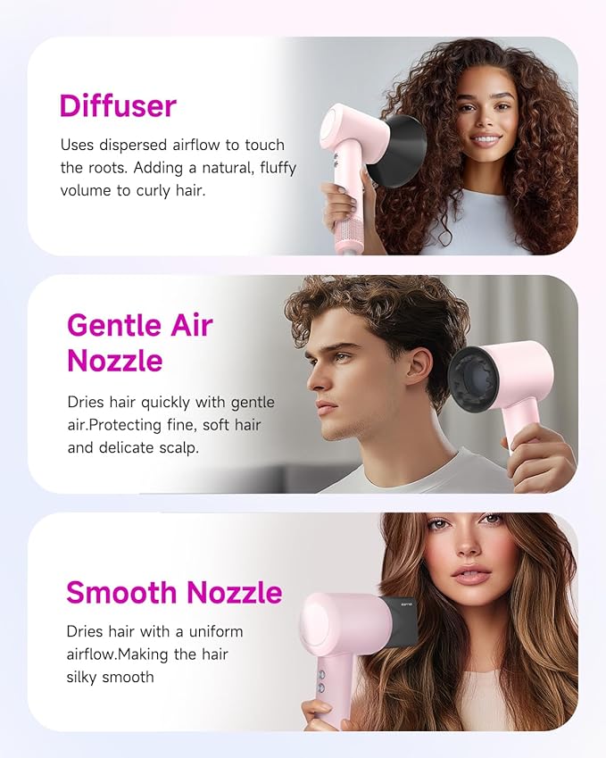PLUZZ Professional Hair Dryer with Diffuser for Curly Hair 400M Negative Ionic Blow Dryer for Fast Drying 120000 RPM High-Speed Brushless Motor Low Noise Lightweight Travel-Friendly (Pink)