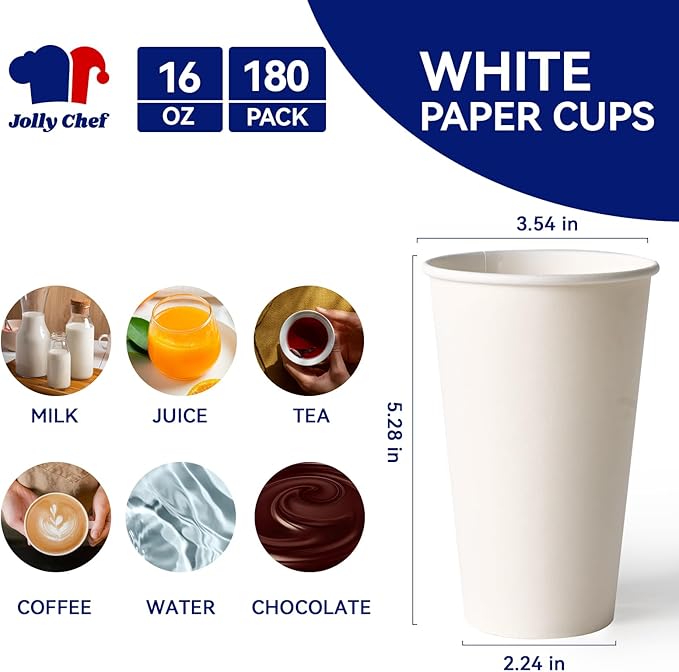 JOLLY CHEF 180 Count 16 oz Coffee Cups White Drinking Paper Cups for Coffee Water Juice or Tea Suitable for Party Picnic Travel and Events