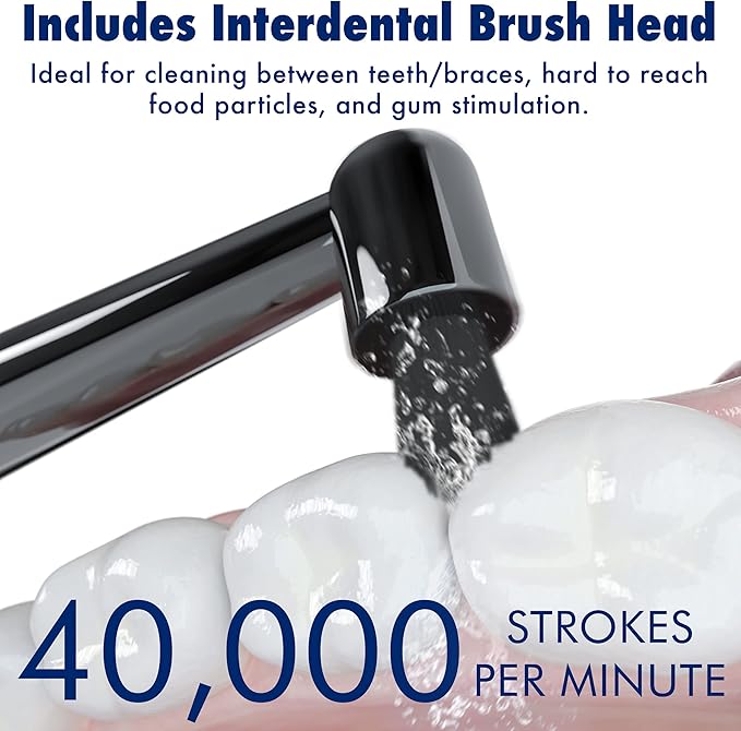 Sonic-FX Solo Electric Toothbrush w/ 10 Brush Heads + 1 Interdental Charcoal Bristles Rechargeable Charging/Storage Base 3 Brush Modes Smart Timer 2 Months Use on Full Charge Black Color