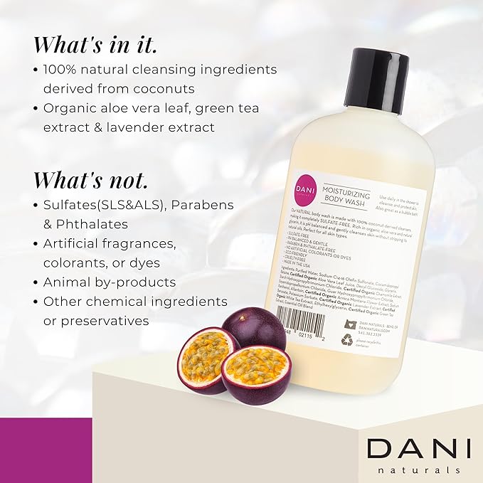 DANI Naturals Moisturizing Body Wash - Sweet Passion Fruit Scent with Organic Aloe Vera &amp Natural Glycerin - Sulfate &amp Paraben-Free Shower Gel - 12 oz - Vegan &amp Cruelty-Free