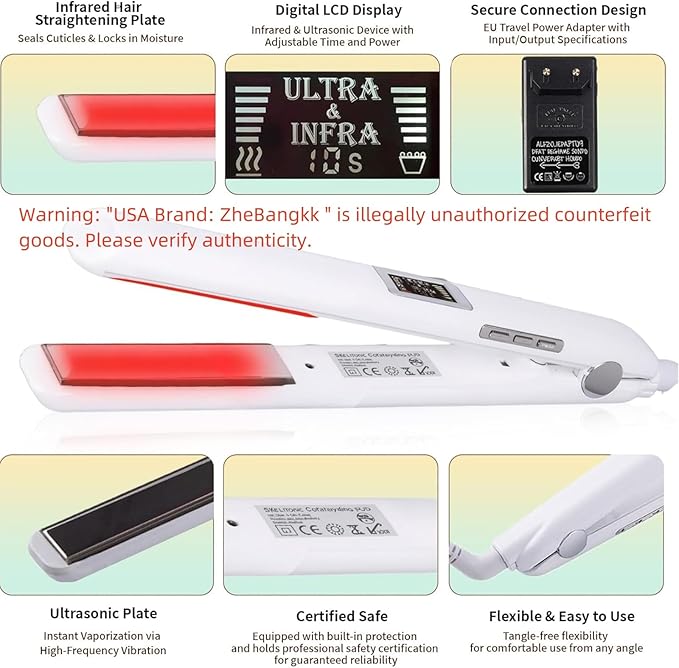 Ultrasonic Infrared Hair Care Iron Recovers The Damaged Hair LED Display Treatment Styler Cold Iron Straightener Infrared Straightener Styler (White)