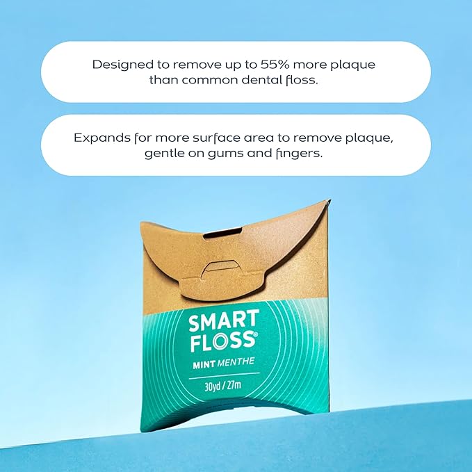 drTung's Smart Floss Mint for Teeth - Natural Expanding Dental Floss Gentle on Tooth &amp Gums Expands &amp Glides PTFE &amp PFAS Free Certified Organic Mint Essential Oils - Pack of 6
