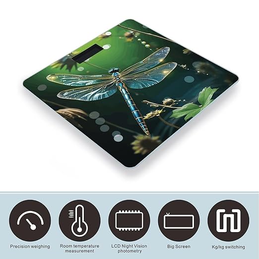 Dragonfly Green Scale for Body Weight High Precision Digital Weight Scales with LCD Display Anti-Slip Sturdy Slim Tempered Glass Bathroom Scale for Home Use