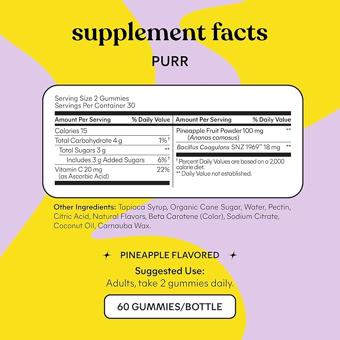 Lemme Purr Vaginal Probiotic Gummies for Women - Balanced pH Healthy Odor Yeast Balance &amp Flora Support + Vitamin C for Immune Health - Tasty Pineapple (60 Count) (Pack of 2)
