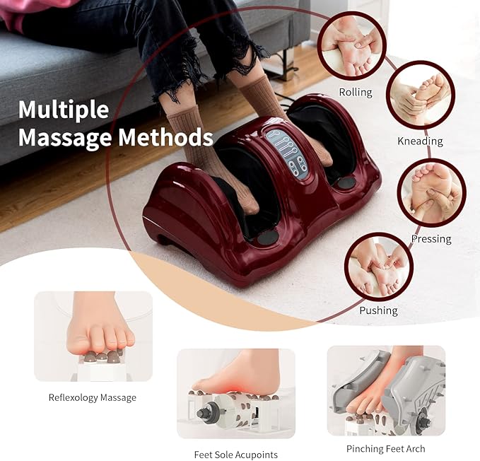 LDAILY Therapeutic Shiatsu Foot Massager Kneading &amp Rolling Massage for Feet 3 Modes Electric Foot Massager with Remote Control (Red)