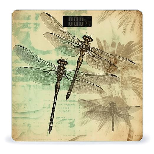Dragonfly Dragonflies Vintage Bathroom Scale Automatic Power On/Off Body Scales LCD Backlight Display Square Digital Scale Rounded Corners Bathroom Scales for Home Bedrooms