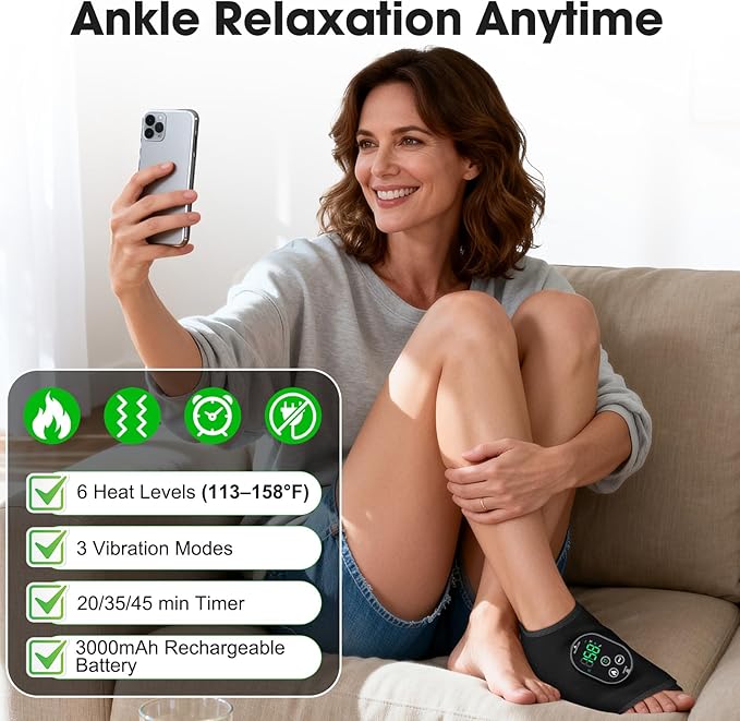 DeMoce Cordless Ankle Massager for Pain Relief Ankle Heating Pad with Massage Foot and Ankle Massager Foot Massager with Heat 6 Heat Levels 3 Vibration Modes Single One Black