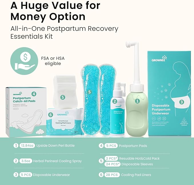 Grownsy 15pc Postpartum Essentials Recovery Kit | Postpartum Kit for Women | Includes 5 Postpartum Pads 5 Disposable Underwear 2 Ice Packs Peri Bottle Perineal Spray &amp 28 Cooling Pad Liners
