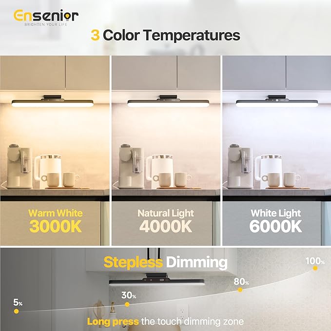 Upgraded Under Cabinet Lights Wireless 2500mAh Rechargeable Battery Operated Lights with Digital Display 130° Rotatable Magnetic Light Bar Remote Control Dimmable Stick On Light for Mirror School