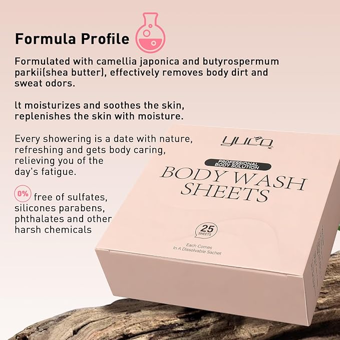YUCO Travel Body Wash Sheets Travel Pack 25 SheetsIndividual Sachetfor Body WashCamellia Japonica ScentFor GymCampingVacationHotelsHospitalBusiness TripFlight Travel Essentials