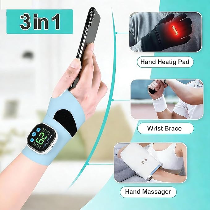 Rechargeable Adjustable Electric Wrist Massager Cordless Wrist Heating Pad Massager Muscle Stimulator with 8 Modes 30 Intensity Wrists Tendon Heating Pad for Hand Relaxing (A3)