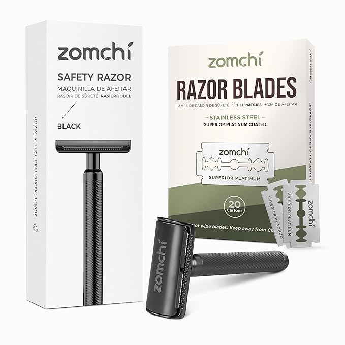 Zomchi 100 Counts Double Edge Razor Blades 2.0 with Premium Metal Razor