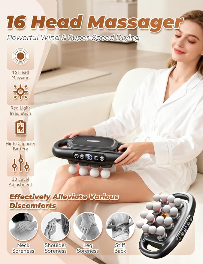 Veloreva Massager - 16 Head Massage Gun Deep Tissue for Pain Relief Pro Massager with 3 Modes &amp 30 Levels Back Massagers for Back Shoulders Legs Foot Body Fast Relief (White)