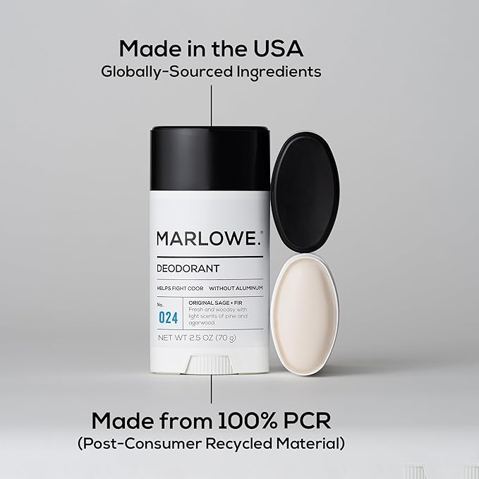 MARLOWE. No. 024 Natural Deodorant for Men 3-Pack | Aluminum Free Stick | Made with Coconut Oil Shea Butter Jojoba | Only No-Nonsense Ingredients that Work Best | Sage &amp Fir Scent