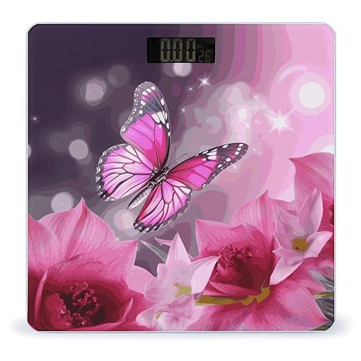 Pink Flower and Butterfly Scale for Body Weight Anti-Slip Digital Bathroom Scale Sturdy Toughened Glass Weighing Scales High Precision Safe Rounded Corners Smart Scales