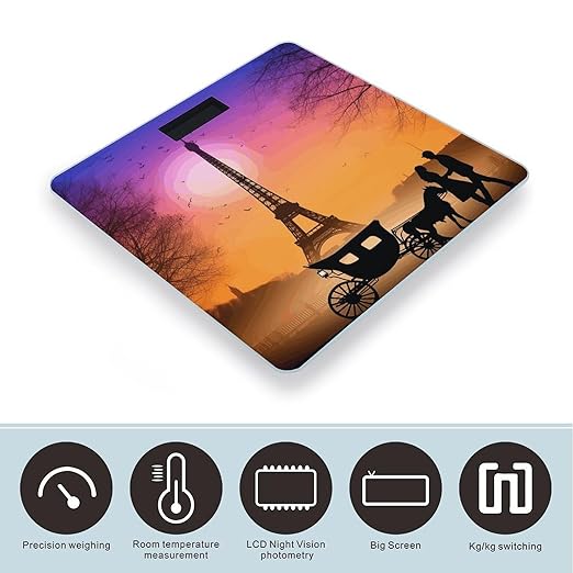Valentine Paris Eiffel Tower Romantic Couple Carriage Sunset Silhouette Scale for Body Weight Anti-slip Sturdy Tempered Glass Weighing Machine Highly Digital Accurate Bright LCD Bathroom Scale for Hou