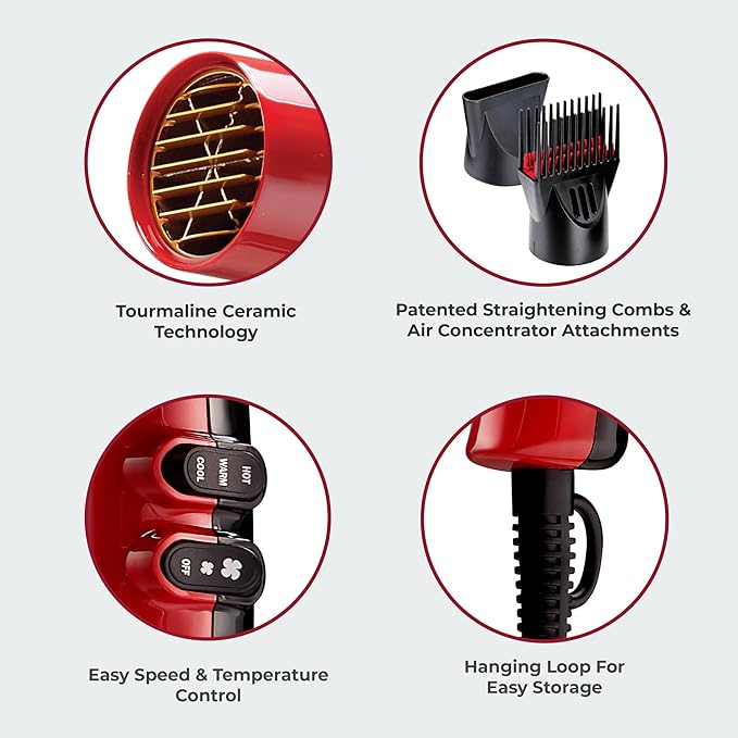 KISS 1875 Watt Pro Tourmaline Ceramic Hair Dryer Styling Edition 3 Heat Settings 2 Speed Settings Cool Shot Button 7 Blow Dryer Accessories Included 2-Year Warranty - Red