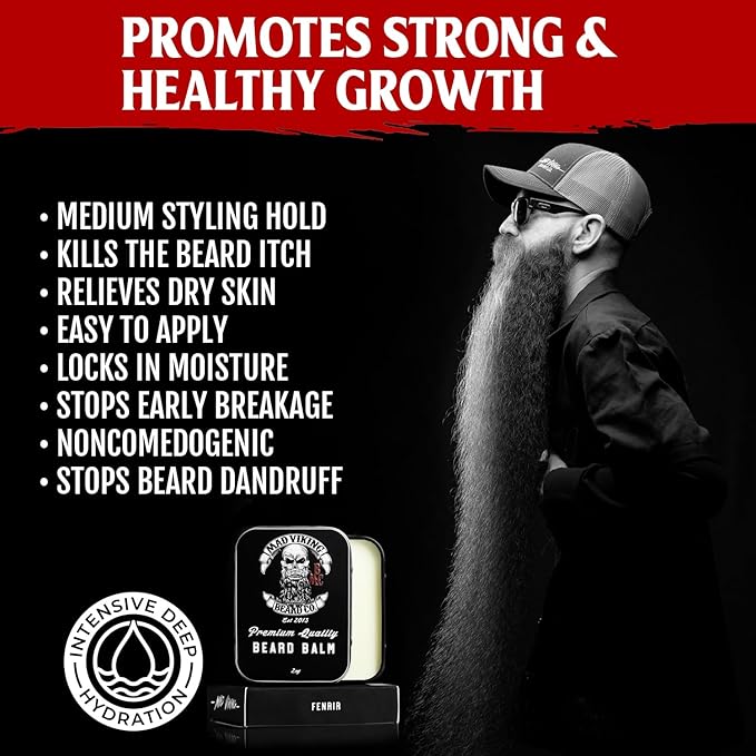 Mad Viking Fenrir Beard Balm – Non-Greasy Balm to Soften and Style with a Medium Hold - Made with Shea Butter Beeswax &amp Premium Oils - Bold Bourbon Neroli Rum &amp Tobacco Scent Made in the U