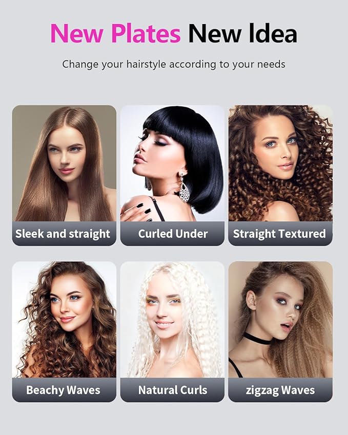 Hair Crimper Waver Professional Hair Straightener Beach Waves Curling with 4 Interchangeable Ceramic Plates | Auto Temp Control for All Hair Types | Quick Heat Wide Plate Styling Tool &amp Straighte