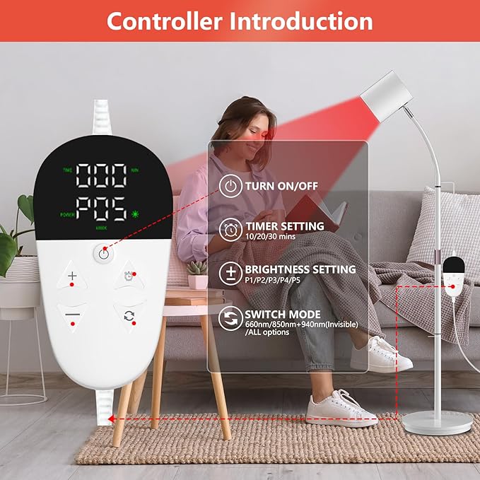 Floor Red Light 660nm &amp 850nm &amp 940nm Red Lamp with 5 Brightness and 10/20/30Mins Timer 3 Modes Infrared Lamp for Home/Office Use (White)